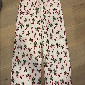 Anthropologie White Wide Leg Pants with Strawberry Print